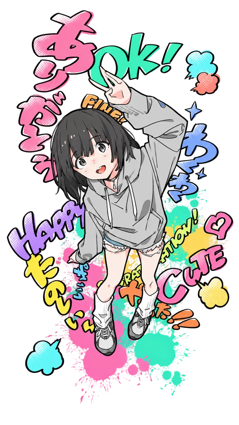 Kana smiling in a gray hoodie, surrounded by colorful Japanese lettering and paint splashes