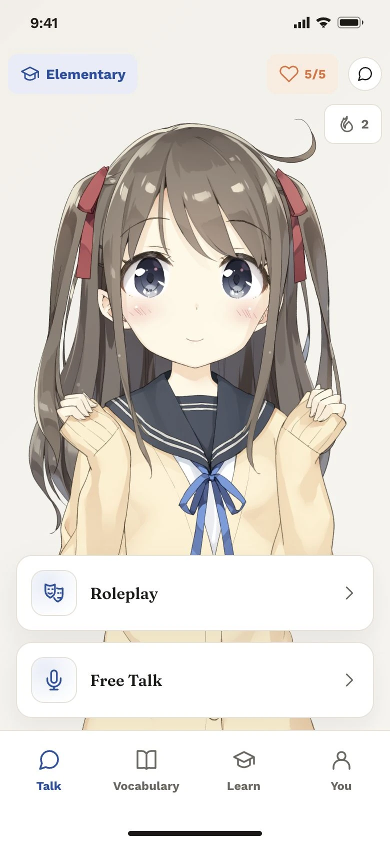HiKana app home with conversation and roleplay options